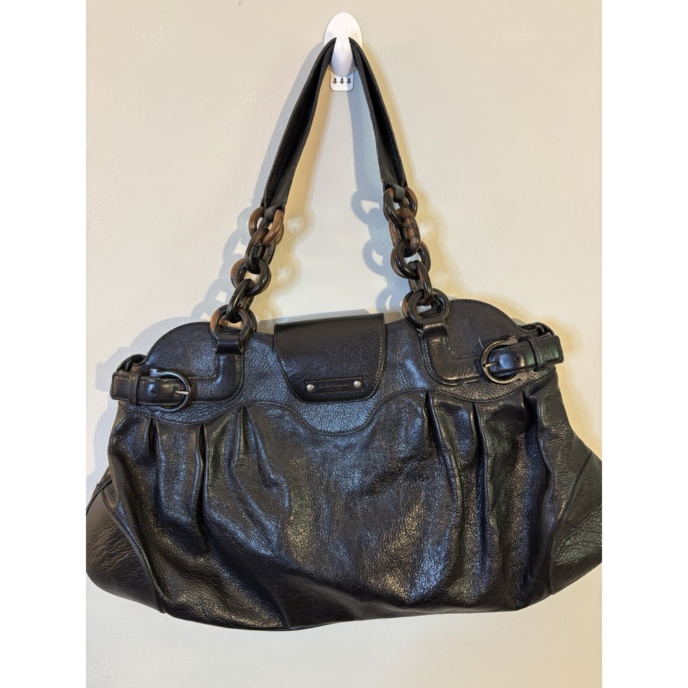 SALVATORE FERRAGAMO Black Gancini Leather Shoulder Bag Wooden Chain Straps Purse